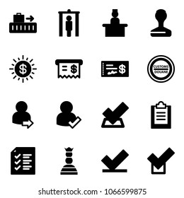 Solid vector icon set - baggage vector, metal detector gate, recieptionist, stamp, dollar sun, receipt, check, customs road sign, user login, clipboard, list, chess queen