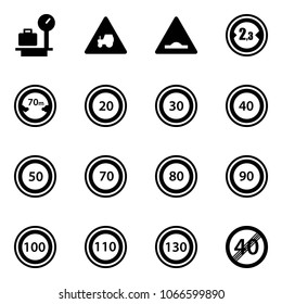 Solid vector icon set - baggage scales vector, tractor way road sign, artificial unevenness, limited width, distance, speed limit 20, 30, 40, 50, 70, 80, 90, 100, 110, 130, end