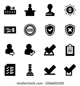 Solid vector icon set - baggage vector, recieptionist, stamp, dollar sun, check, customs road sign, shield, cross, user login, clipboard, list, chess queen