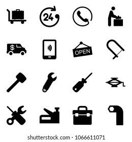 Solid vector icon set - baggage vector, 24 hours, phone, baby room, encashment car, mobile payment, open, fretsaw, rubber hammer, wrench, screwdriver, jack, stapler, tool box, allen key