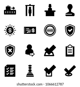 Solid vector icon set - baggage vector, metal detector gate, recieptionist, stamp, dollar sun, check, customs road sign, shield, cross, user login, clipboard, list, chess queen