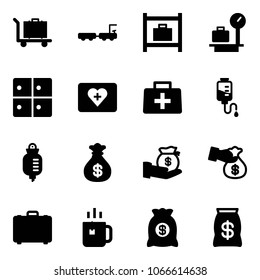 Solid vector icon set - baggage vector, truck, room, scales, first aid kit, doctor bag, drop counter, money, investment, encashment, case, green tea