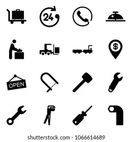 Solid vector icon set - baggage vector, 24 hours, phone, client bell, baby room, fork loader, truck, dollar pin, open, fretsaw, rubber hammer, wrench, plumber, screwdriver, allen key