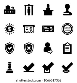 Solid vector icon set - baggage vector, metal detector gate, recieptionist, stamp, dollar sun, receipt, check, customs road sign, shield, cross, user login, clipboard, chess queen