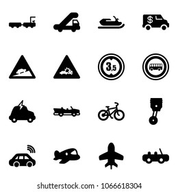 Solid vector icon set - baggage truck vector, trap, snowmobile, encashment car, climb road sign, crash, limited height, no bus, electric, cabrio, bike, piston, wireless, plane toy
