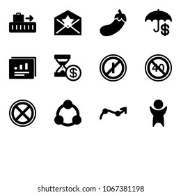 Solid vector icon set - baggage vector, star letter, eggplant, insurance, statistics report, account history, no parkin odd, end minimal speed limit road sign, stop, social, chart point arrow