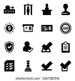 Solid vector icon set - baggage vector, metal detector gate, recieptionist, stamp, dollar sun, receipt, check, customs road sign, shield, user, clipboard, list, chess queen