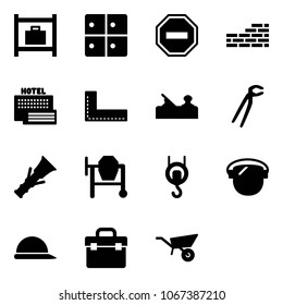 Solid vector icon set - baggage room vector, no way road sign, brick wall, sea hotel, corner ruler, jointer, plumber, dowel, cocncrete mixer, winch, protect glass, construction helmet, tool box