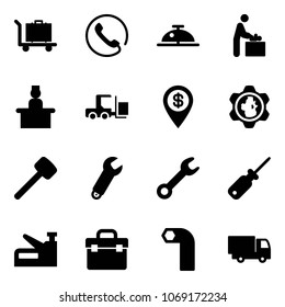 Solid vector icon set - baggage vector, phone, client bell, baby room, recieptionist, fork loader, dollar pin, gear globe, rubber hammer, wrench, screwdriver, stapler, tool box, allen key, truck toy