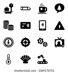 Solid vector icon set - baggage scales vector, sleigh, tea, merry christmas message, coin, tap pay, mobile payment, intersection road sign, no pedestrian, target, gears, tv news, thermometer, shell