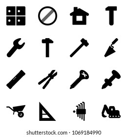 Solid vector icon set - baggage room vector, no limit road sign, home, work, wrench, hammer, sledgehammer, trowel, level, bolt cutter, screw, nail dowel, wheelbarrow, corner ruler, allen key set