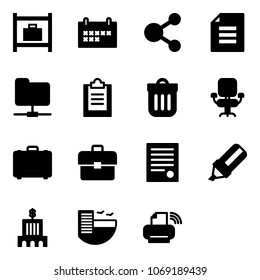 Solid vector icon set - baggage room vector, schedule, share, document, network folder, clipboard, trash bin, office chair, case, portfolio, agreement, highlight marker, bank building, hotel