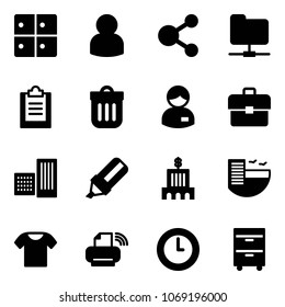 Solid vector icon set - baggage room vector, user, share, network folder, clipboard, trash bin, manager, portfolio, building, highlight marker, bank, hotel, t shirt, printer wireless, clock