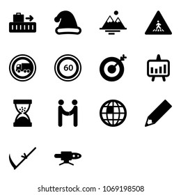 Solid vector icon set - baggage vector, christmas hat, mountains, pedestrian road sign, no truck, speed limit 60, target, presentation chart, sand clock, agreement, globe, pencil, scythe