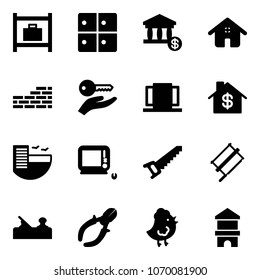 Solid vector icon set - baggage room vector, account, home, brick wall, key hand, doors, dollar, hotel, monoblock pc, saw, bucksaw, jointer, side cutters, chicken toy, block house