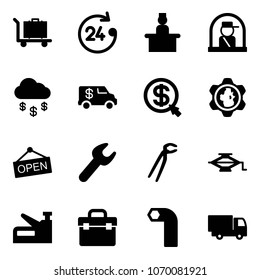 Solid vector icon set - baggage vector, 24 hours, recieptionist, officer window, money rain, encashment car, click, gear globe, open, wrench, plumber, jack, stapler, tool box, allen key, truck toy