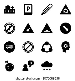 Solid vector icon set - baggage vector, parking sign, thermometer, round motion road, no parkin odd, airport, artificial unevenness, detour, bus, social, brain work, moon flag, money dialog