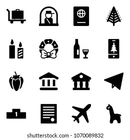 Solid vector icon set - baggage vector, officer window, passport, christmas tree, candle, wreath, wine, mobile, sweet pepper, bank, paper fly, pedestal, agreement, plane, toy giraffe