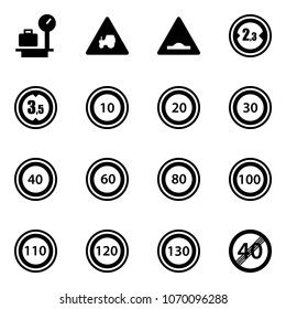 Solid vector icon set - baggage scales vector, tractor way road sign, artificial unevenness, limited width, height, speed limit 10, 20, 30, 40, 60, 80, 100, 110, 120, 130, end