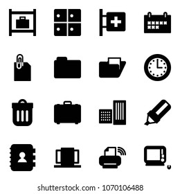 Solid vector icon set - baggage room vector, first aid, schedule, attachment, folder, time, trash bin, case, building, highlight marker, contact book, doors, printer wireless, monoblock pc