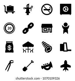 Solid vector icon set - baggage vector, santa claus, no smoking sign, safe, speed limit 20 road, link, store, success, money bag, outdoor cafe, shell, water power plant, plumber, shovel, horn toy