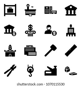 Solid vector icon set - baggage room vector, airport building, hospital, bank, account, sand fort, sea hotel, rubber hammer, level, bolt cutter, winch, stapler, constructor blocks