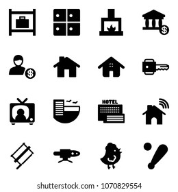 Solid vector icon set - baggage room vector, fireplace, account, home, key, tv news, hotel, sea, wireless, bucksaw, pipe welding, chicken toy, baseball bat