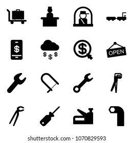 Solid vector icon set - baggage vector, recieptionist, officer window, truck, mobile payment, money rain, click, open, wrench, fretsaw, plumber, screwdriver, stapler, allen key