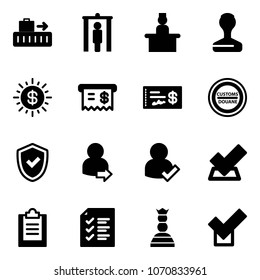 Solid vector icon set - baggage vector, metal detector gate, recieptionist, stamp, dollar sun, receipt, check, customs road sign, shield, user login, clipboard, list, chess queen