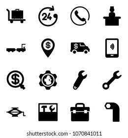 Solid vector icon set - baggage vector, 24 hours, phone, recieptionist, truck, dollar pin, encashment car, mobile payment, money click, gear globe, wrench, jack, tool box, allen key