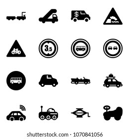 Solid vector icon set - baggage truck vector, trap, encashment car, embankment road sign, for moto, limited height, no bus, overtake, cabrio, wireless, moon rover, jack, baby