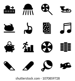 Solid vector icon set - baggage vector, shower, lollipop, sleigh, turkey, stomach, breads, music, piggy bank, career, parasol, carbon, work knife, beanbag, plane toy
