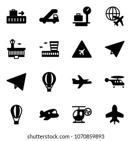 Solid vector icon set - baggage vector, trap truck, scales, plane globe, airport building, road sign, paper, fly, air balloon, helicopter, toy