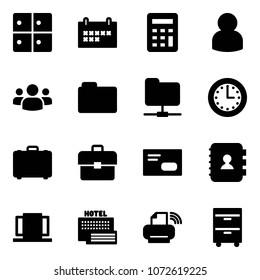 Solid vector icon set - baggage room vector, schedule, calculator, user, group, folder, network, time, case, portfolio, envelope, contact book, doors, sea hotel, printer wireless, tool cabinet