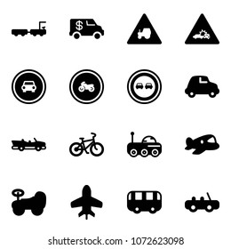 Solid vector icon set - baggage truck vector, encashment car, tractor way road sign, crash, no, moto, overtake, cabrio, bike, moon rover, plane toy, baby, bus