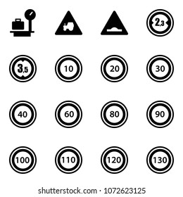 Solid vector icon set - baggage scales vector, tractor way road sign, artificial unevenness, limited width, height, speed limit 10, 20, 30, 40, 60, 80, 90, 100, 110, 120, 130