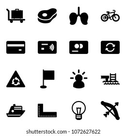Solid vector icon set - baggage vector, meat, lungs, bike, credit card, tap pay, exchange, round motion road sign, flag, idea, pool, cruiser, corner ruler, bulb, bow