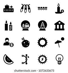Solid vector icon set - baggage vector, garland, candle, snowball house, tree, bank, account, moon flag, sun, beach, watermelone, bezier, power, bulb