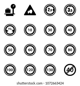 Solid vector icon set - baggage scales vector, tractor way road sign, limited width, height, distance, speed limit 10, 30, 40, 50, 60, 70, 80, 100, 120, 130, end