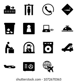 Solid vector icon set - baggage vector, metal detector gate, phone, smoking area sign, trash, female wc, notebook connect, client bell, baby room, officer window, trap truck, small plane, safe
