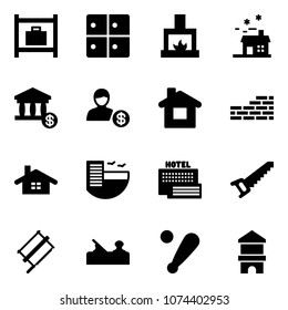 Solid Vector Icon Set - Baggage Room Vector, Fireplace, House, Account, Home, Brick Wall, Hotel, Sea, Saw, Bucksaw, Jointer, Baseball Bat, Toy Block