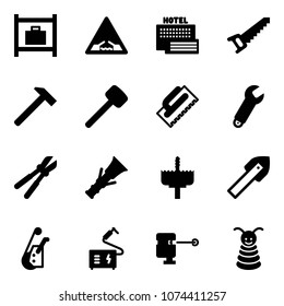 Solid vector icon set - baggage room vector, drawbridge road sign, sea hotel, saw, hammer, rubber, trowel, wrench, bolt cutter, dowel, crown drill, tile, winch, welding, laser lever, pyramid toy