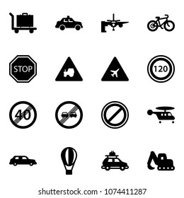 Solid vector icon set - baggage vector, safety car, boarding passengers, bike, stop road sign, tractor way, airport, speed limit 120, end, overtake, no parking, helicopter, limousine, air balloon