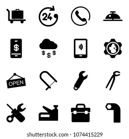 Solid vector icon set - baggage vector, 24 hours, phone, client bell, mobile payment, money rain, gear globe, open, fretsaw, wrench, plumber, screwdriver, stapler, tool box, allen key