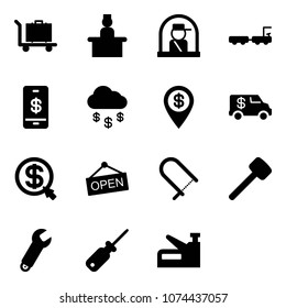 Solid vector icon set - baggage vector, recieptionist, officer window, truck, mobile payment, money rain, dollar pin, encashment car, click, open, fretsaw, rubber hammer, wrench, screwdriver