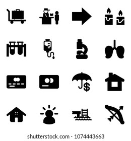Solid vector icon set - baggage vector, passport control, right arrow, candle, vial, drop counter, lab, lungs, credit card, insurance, home, idea, pool, bow