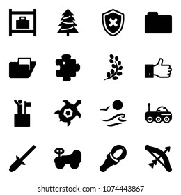 Solid vector icon set - baggage room vector, christmas tree, shield cross, folder, puzzle, golden branch, finger up, win, sea turtle, waves, moon rover, clinch, baby car, beanbag, bow