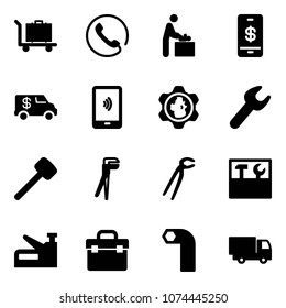 Solid vector icon set - baggage vector, phone, baby room, mobile payment, encashment car, gear globe, wrench, rubber hammer, plumber, tool box, stapler, allen key, truck toy