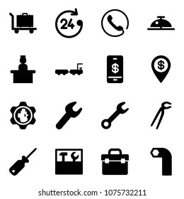 Solid vector icon set - baggage vector, 24 hours, phone, client bell, recieptionist, truck, mobile payment, dollar pin, gear globe, wrench, plumber, screwdriver, tool box, allen key