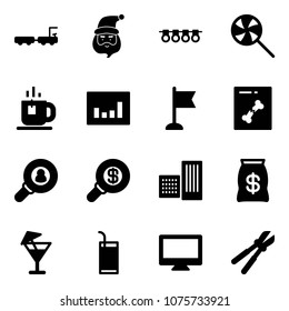 Solid vector icon set - baggage truck vector, santa claus, garland, lollipop, tea, statistics, flag, x ray, head hunter, search money, building, bag, drink, monitor, bolt cutter
